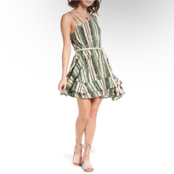Free People Sz L Heart Shaped Face Asymmetrical Ruffled Mini Dress Green Boho - Picture 1 of 16